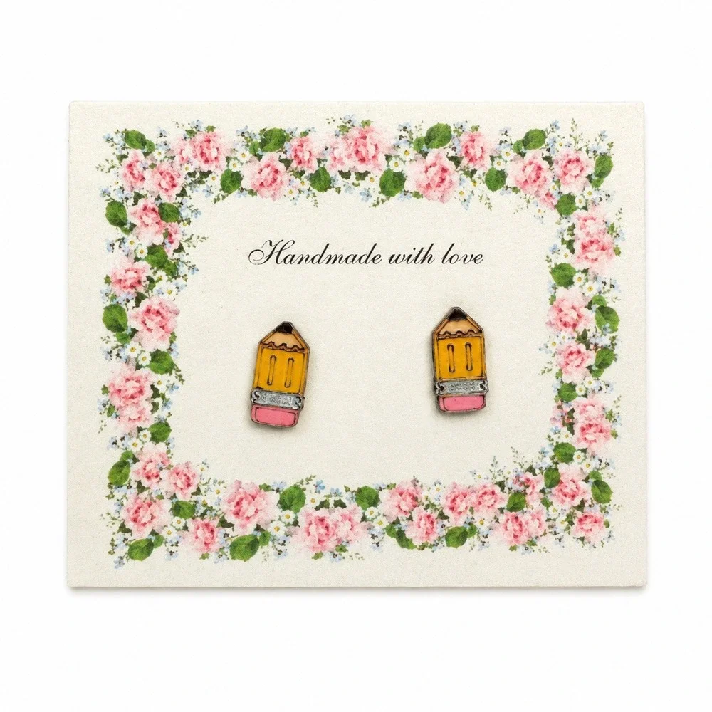 Handmade Pencil Stud Earrings Women OS Yellow Pink Wood Back to School Teacher